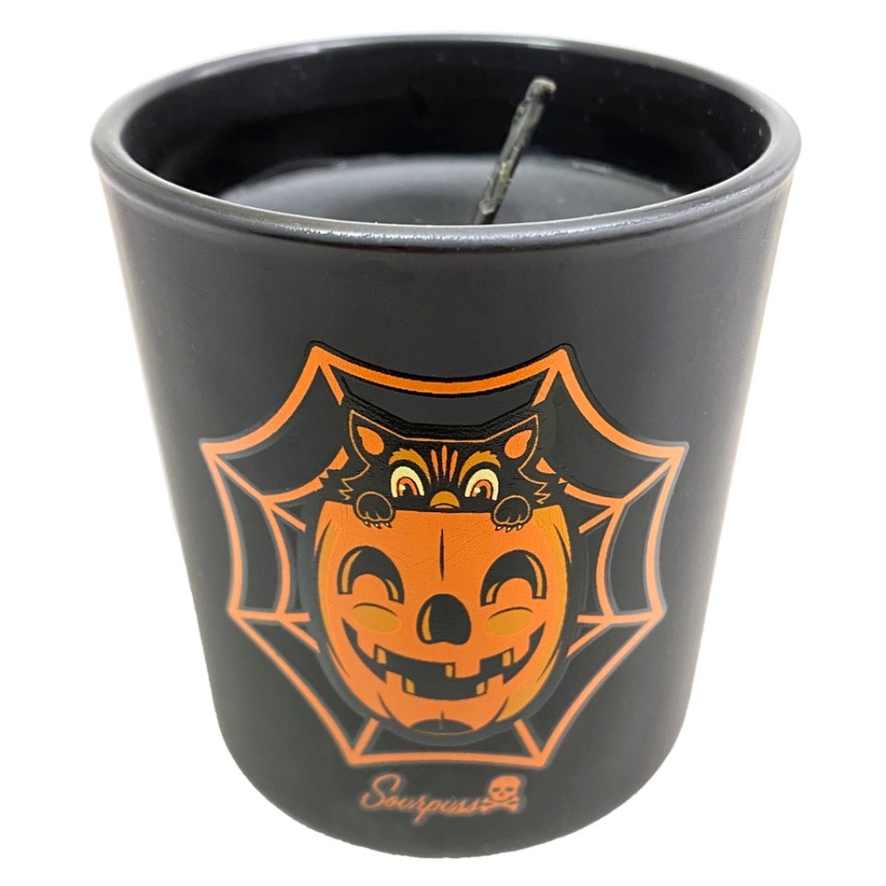 Sourpuss Jinx Cat w Spider Web & Pumpkin Black Cedar & Juniper Candle Halloween